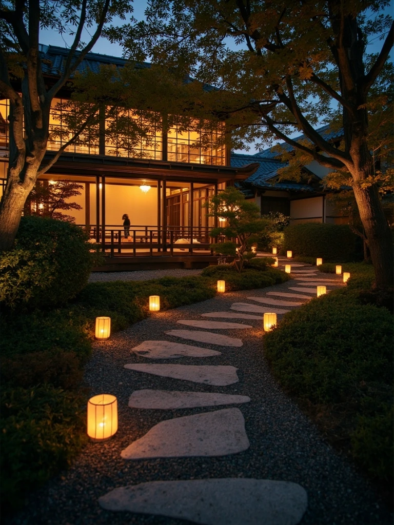 A Kyoto ryokan garden path at dusk