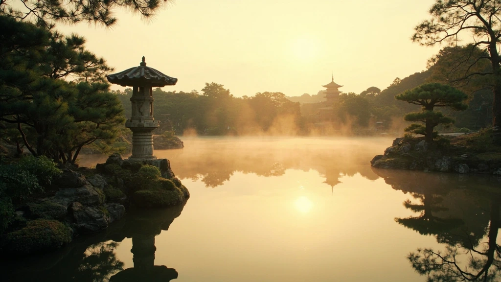 A misty Kyoto temple garden at dawn