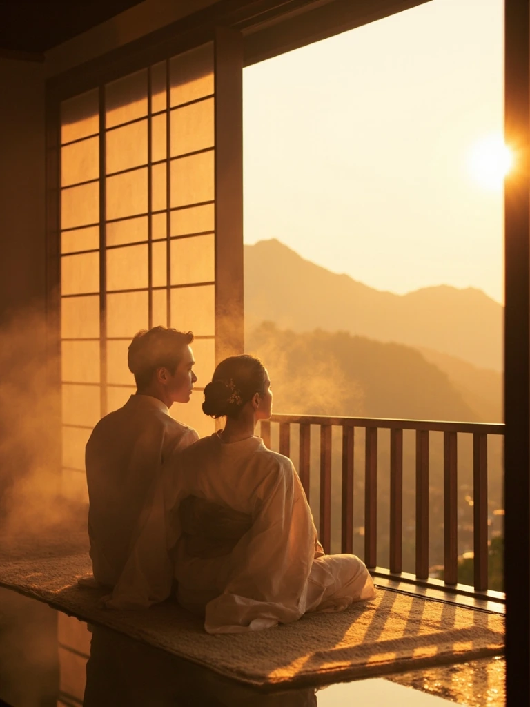 A couple in yukata at a luxury ryokan at golden hour