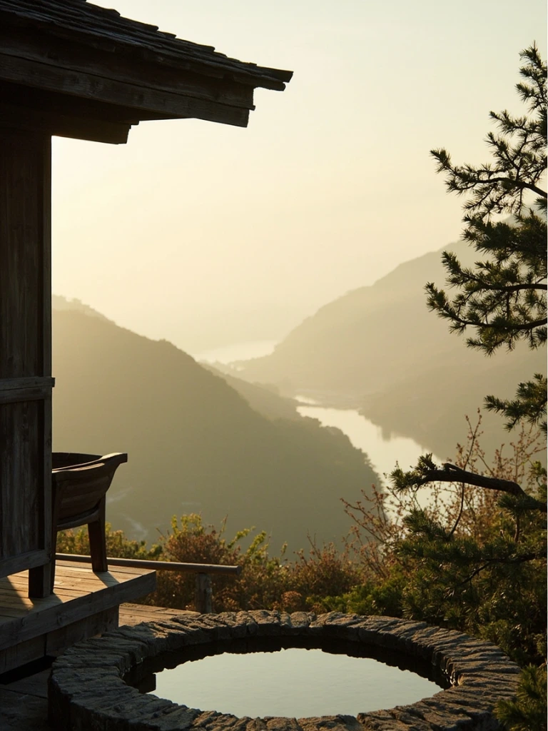A riverside ryokan onsen at dawn, Kumano region